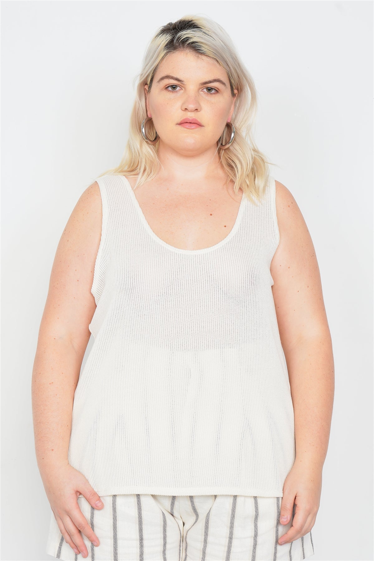 Plus Size Sheer Ivory Ribbed Causal